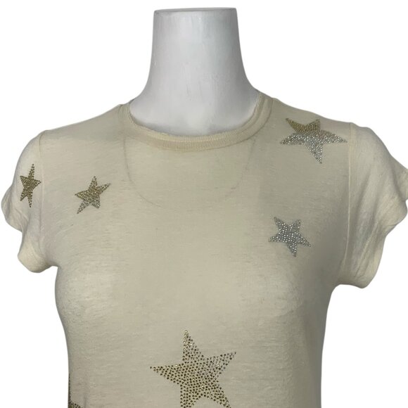Zadig & Voltaire Skinny Stars Strass Tee Shirt Top XS Cream Embellished Linen - Picture 8 of 13